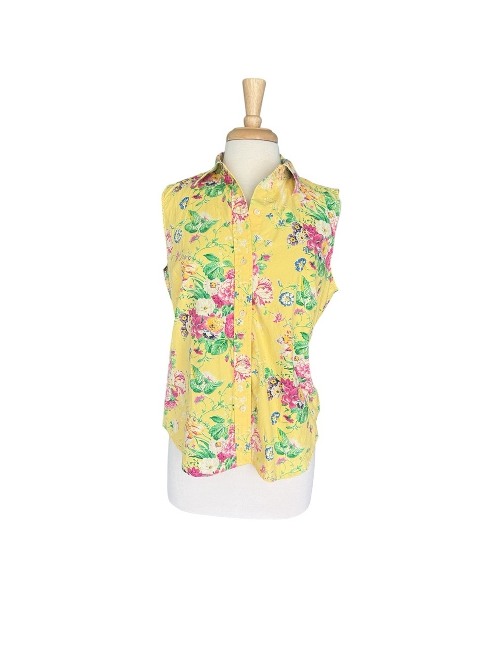 Vintage Lauren Ralph Lauren Sleeveless Yellow Floral  Blouse Size Button Up L